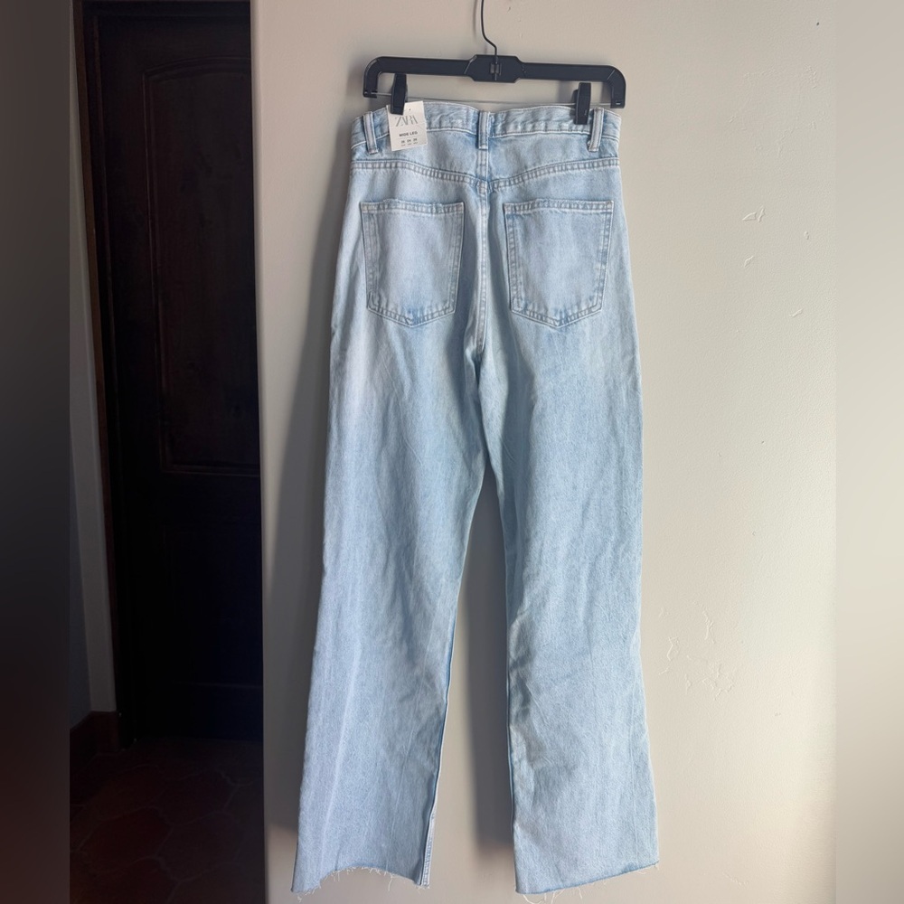 Zara High Rise Straight Leg Jeans Y2K Distressed Full Length Blue 4 Cotton - Picture 6 of 7